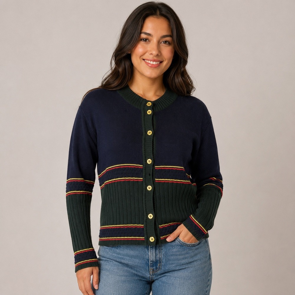 Marlys 1981 Vintage Merino Wool Cardigan Navy Green Gold Button Italy Womens